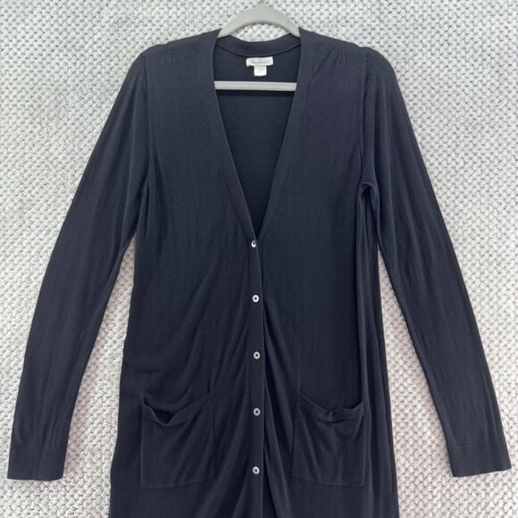 Garnet Hill Sweater Womens M Black Silk Long Cardigan Button Front Thin Stretchy - Picture 1 of 12